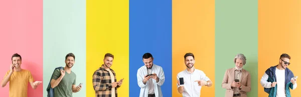 Gruppe Von Männern Mit Mobiltelefonen Auf Farbigem Hintergrund — Stockfoto