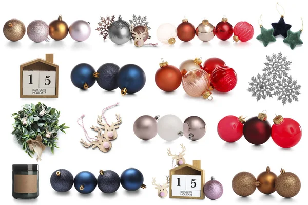 Colagem Decorações Natal Elegantes Fundo Branco — Fotografia de Stock