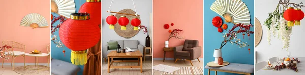 Collage Interiors Decorated Chinese New Year Celebration — Stock Photo, Image