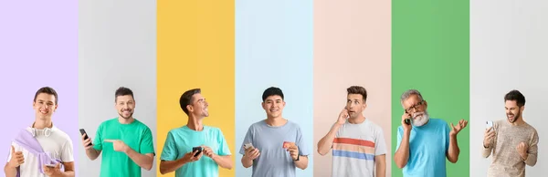 Collage Män Med Mobiltelefoner Färg Bakgrund — Stockfoto
