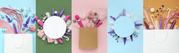 Colagem Festiva Brinquedos Sexuais Com Decoração Natal Fundo Cor — Fotografia de Stock