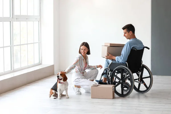 Young Woman Dog Her Husband Wheelchair New Flat Moving Day — Stock Photo, Image