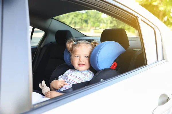 Adorable Little Girl Buckled Car Safety Seat — Stock Photo, Image