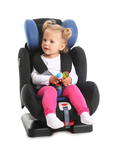 Adorable Little Girl Maracas Buckled Car Safety Seat White Background — Stock Photo, Image