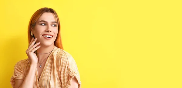 Young Transgender Woman Beautiful Manicure Yellow Background — Stock Photo, Image