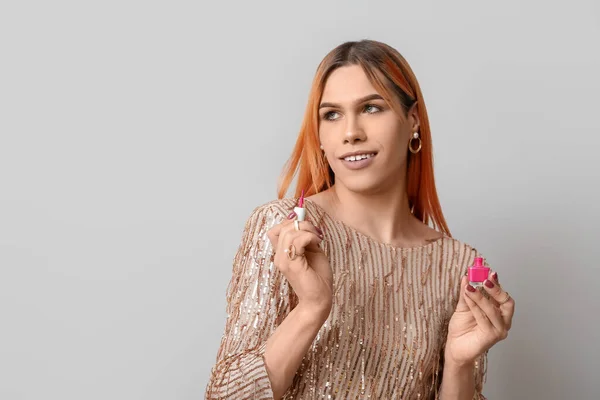 Young Transgender Woman Pink Nail Polish Light Background — Stock Photo, Image