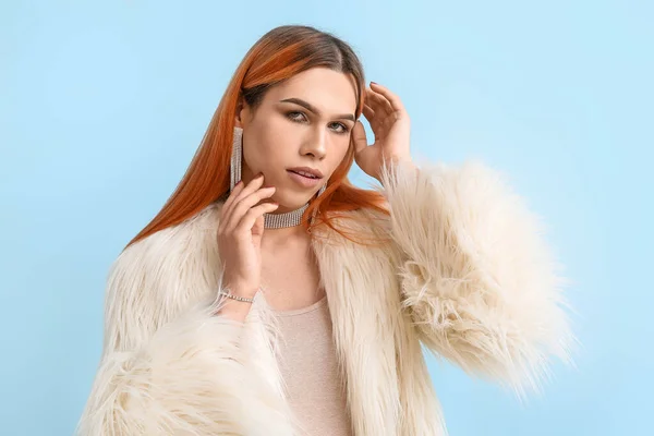 Young Transgender Woman Beautiful Manicure Blue Background — Stock Photo, Image