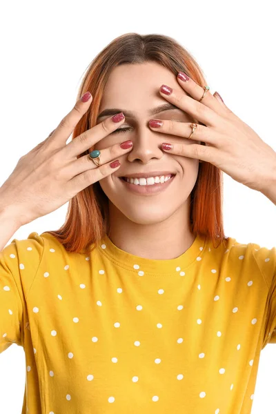 Jovem Transgênero Mulher Com Bela Manicure Anéis Fundo Branco Close — Fotografia de Stock