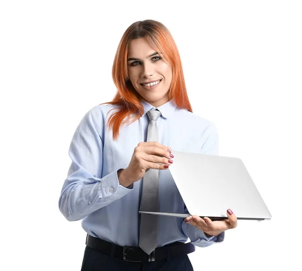 Beautiful Transgender Secretary Laptop White Background — Stock Photo, Image