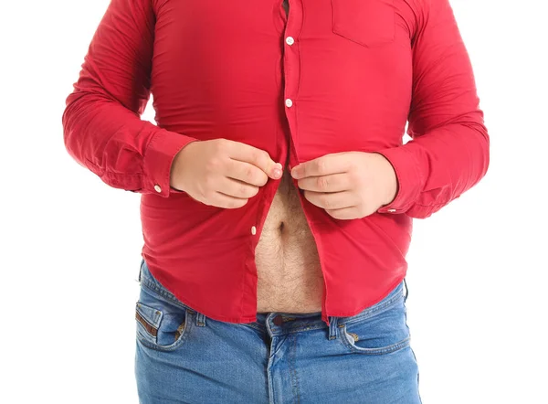 Young Overweight Man Tight Shirt White Background Closeup — Stock Photo, Image