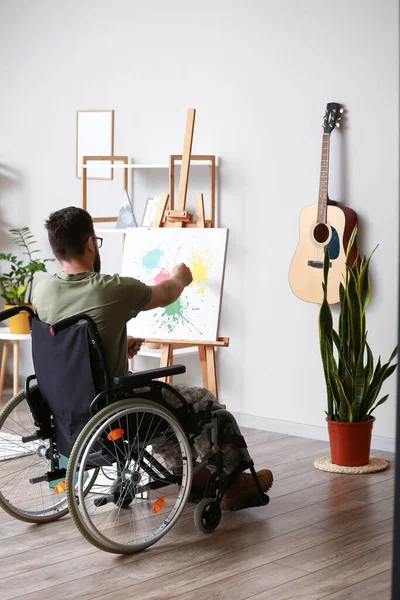 Young Soldier Wheelchair Painting Home — Stock Photo, Image