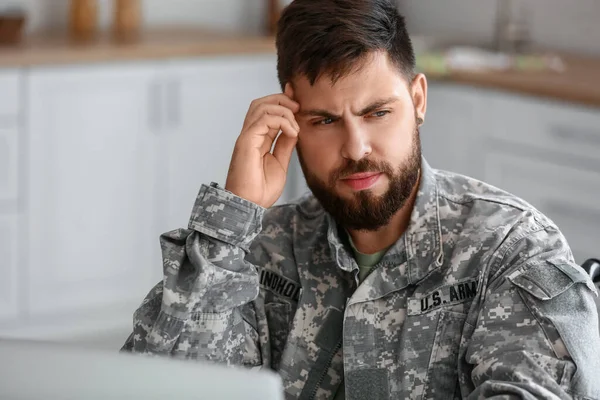 stock image Stressed young soldier in wheelchair at home, closeup