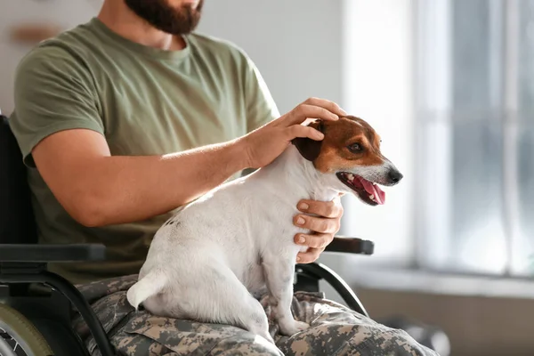 Jovem Soldado Cadeira Rodas Com Cão Casa Close — Fotografia de Stock