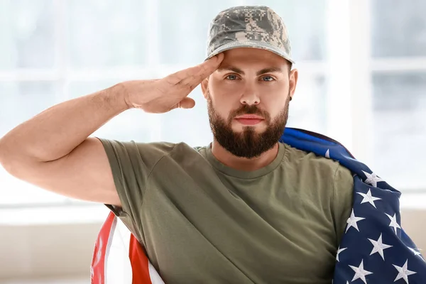 Young Soldier Wheelchair Usa Flag Saluting Home Closeup — Stock Photo, Image