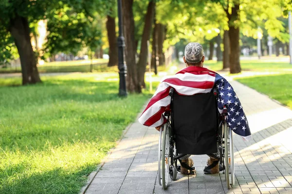 Young Soldier Wheelchair Usa Flag Outdoors Back View — Stock Photo, Image