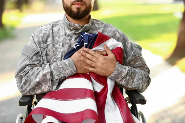 Young Soldier Wheelchair Usa Flag Outdoors Closeup — Stock Photo, Image