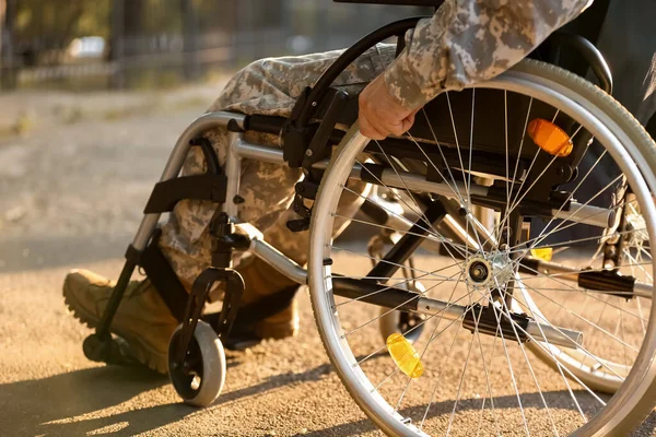 Young Soldier Wheelchair Outdoors Closeup — Stock Photo, Image