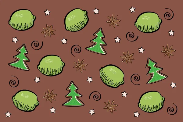 Λεμόνια Και Χριστουγεννιάτικα Δέντρα Καφέ Φόντο Μοτίβο Σχεδίασης — Διανυσματικό Αρχείο