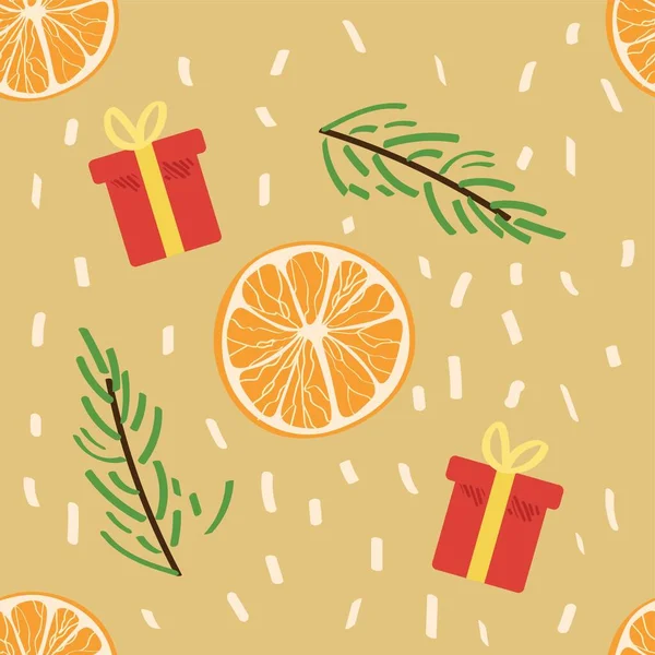Karácsonyi Kompozíció Citrusfélékkel Ajándékokkal Fenyőágakkal Színes Háttérrel Tervezési Minta — Stock Vector