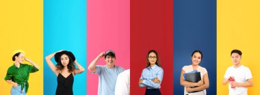 Renkli arka planda farklı Asyalı insanlar