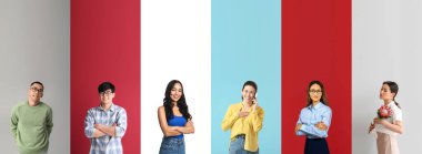 Renkli arka planda farklı Asyalı insanlar