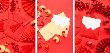 Zarflı kolaj, boş kartlar ve kırmızı arkaplanda Çince semboller