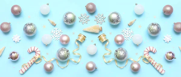 Composition Stylish Christmas Decorations Blue Background Top View — Stock Photo, Image