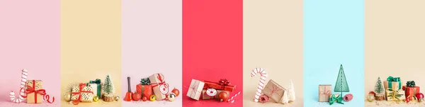 Koláž Dárkovými Krabicemi Vánoční Výzdobou Barevném Pozadí — Stock fotografie