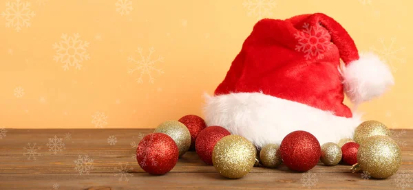 Santa Hat Beautiful Christmas Balls Wooden Table Beige Background — Stock Photo, Image