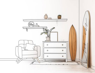 Rahat koltuğu, çekmeceleri, sörf tahtası ve aynası olan yeni bir oturma odası.