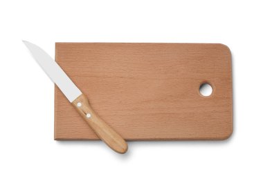 ahşap kesme tahtası ve beyaz arka plan üzerinde izole bıçak