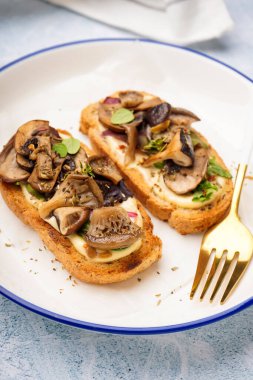 Hafif arka planda krem peynirli ve mantarlı lezzetli tost tabağı, yakın plan.