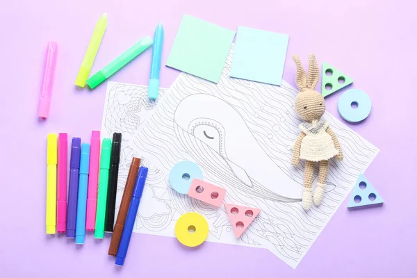 Coloring Pages Felt Tip Pens Toys Pink Background — Stock Photo, Image