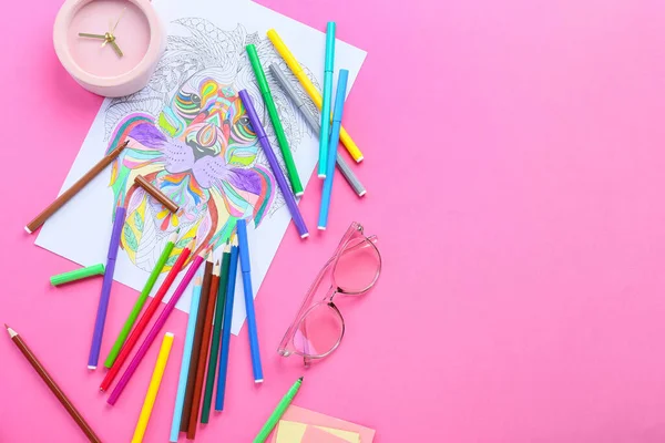 Coloring Page Felt Tip Pens Pencils Alarm Clock Eyeglasses Pink — Stock Photo, Image