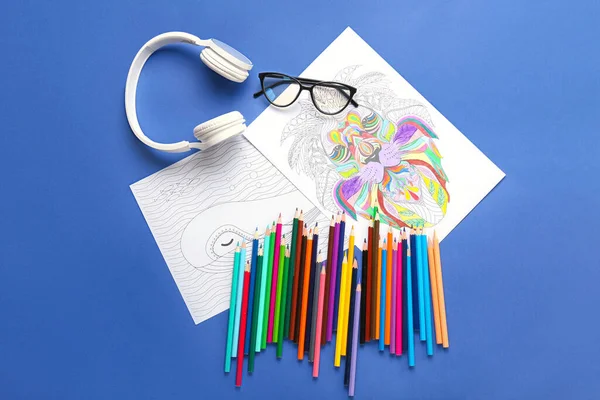 Coloring Pages Pencils Eyeglasses Headphones Blue Background — Stock Photo, Image