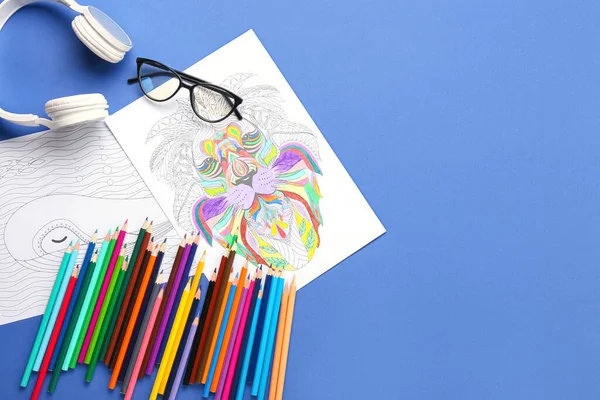 Coloring Pages Pencils Eyeglasses Headphones Blue Background — Stock Photo, Image