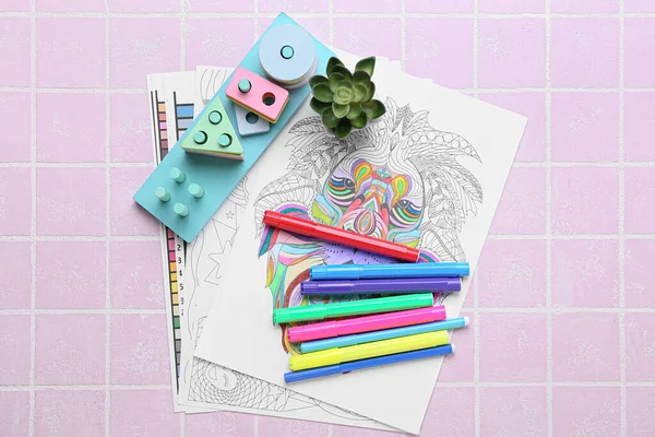 Coloring Pages Felt Tip Pens Educational Blocks Flowerpot Pink Tile — Stock Photo, Image