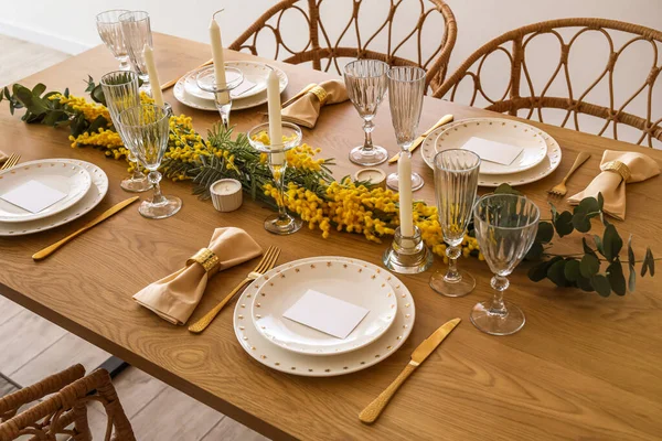 Beautiful Table Setting Mimosa Flowers Candles Room — Stock Photo, Image