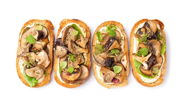 Tasty Toasts Cream Cheese Mushrooms White Background — Stock Photo, Image