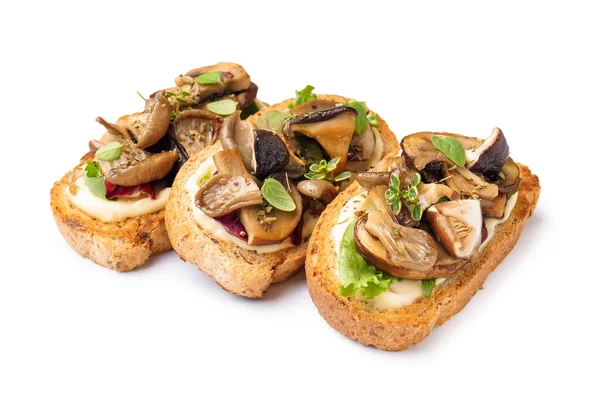 stock image Tasty toasts with cream cheese and mushrooms on white background