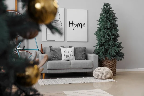 Interior Living Room Bicycle Sofa Christmas Tree — Stock Photo, Image