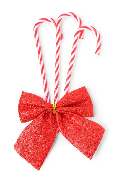 Sweet Candy Canes Christmas Bow White Background — Stock Photo, Image