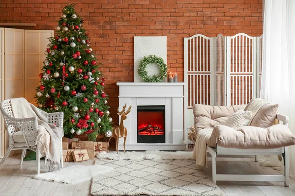 Interior Living Room Fireplace Wreath Christmas Tree — Stock Photo, Image