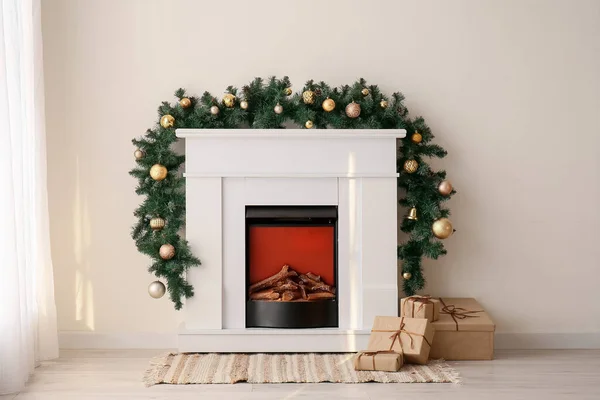 Fireplace Christmas Branches Presents Light Wall — Stock Photo, Image