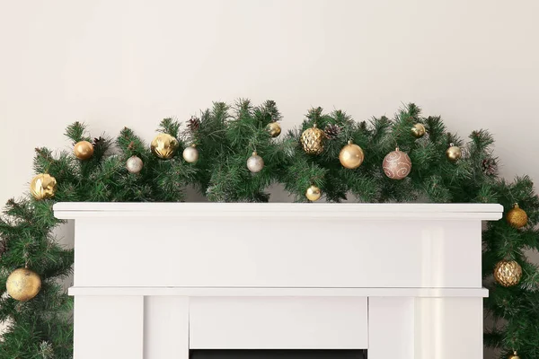 Fir Branches Christmas Balls Mantelpiece Light Wall — Stock Photo, Image