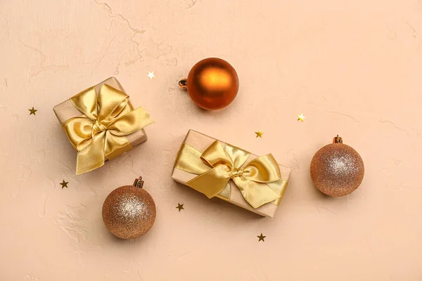 Gifts Christmas Balls Stars Beige Background — Stock Photo, Image
