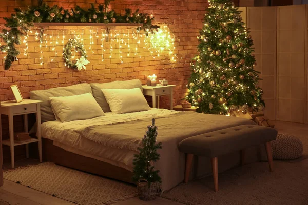 Interior Dark Bedroom Christmas Trees Fir Branches Glowing Lights — Stock Photo, Image