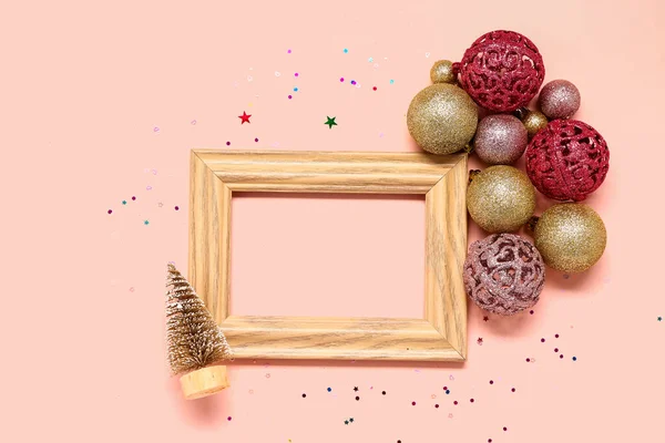 Composition Empty Picture Frame Beautiful Christmas Decorations Pink Background — Stock Photo, Image