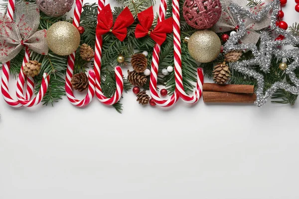 Composition Candy Canes Fir Branches Christmas Decorations White Background — Stock Photo, Image
