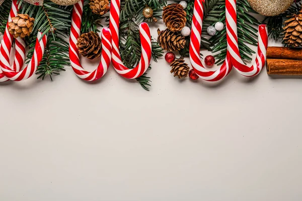 Composition Candy Canes Fir Branches Christmas Decorations White Background — Stock Photo, Image